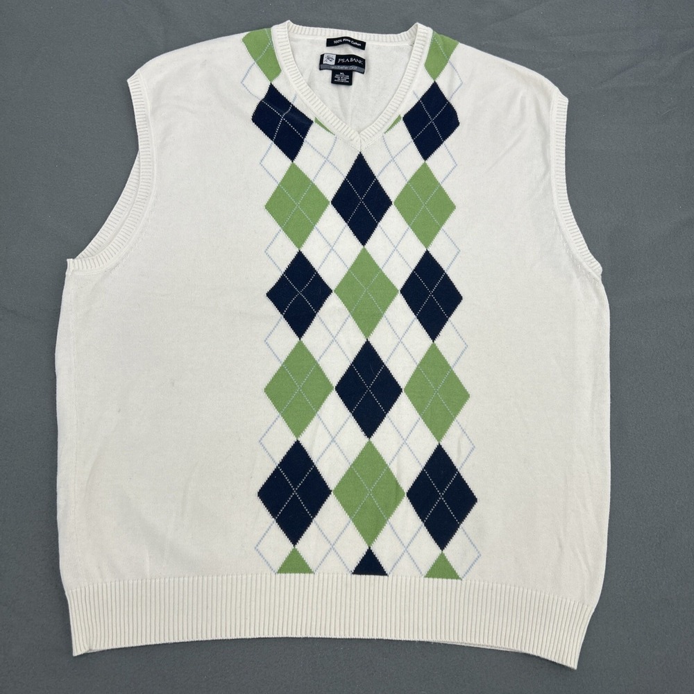 Jos A. Bank Leadbetter Golf‎ Sweater Vest Men XL White Argyle V-Neck Pullover